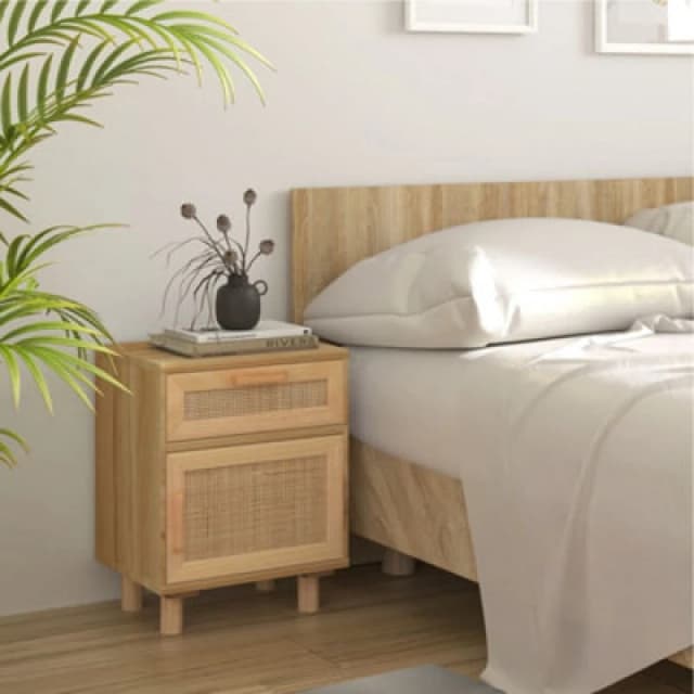 Vidaxl Bedside Cabinet Brown Solid Wood Pine And Natural Rattan, Brown 345610