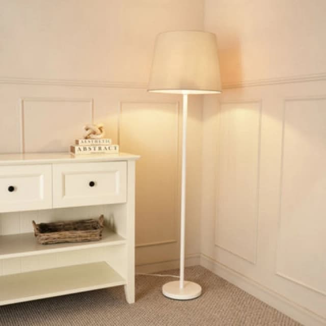 ValueLights Charlie White Single Stem Floor Lamp with Fabric Tapered Shade and LED Bulb Beige