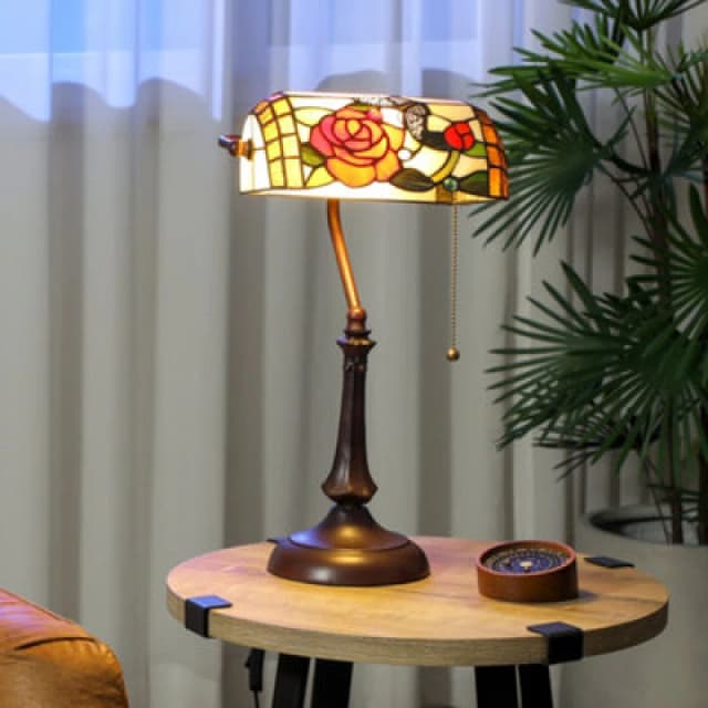 HOMCOM Tiffany-Style Stained Glass Table Lamp, Handcrafted Antique Bedside Multicolor Unisex
