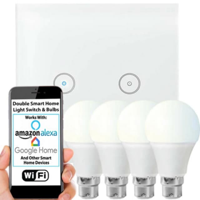 Loops WiFi Light Switch & Bulb 4x 10W B22 Cool White Lamp & Double Wireless Wall Plate White