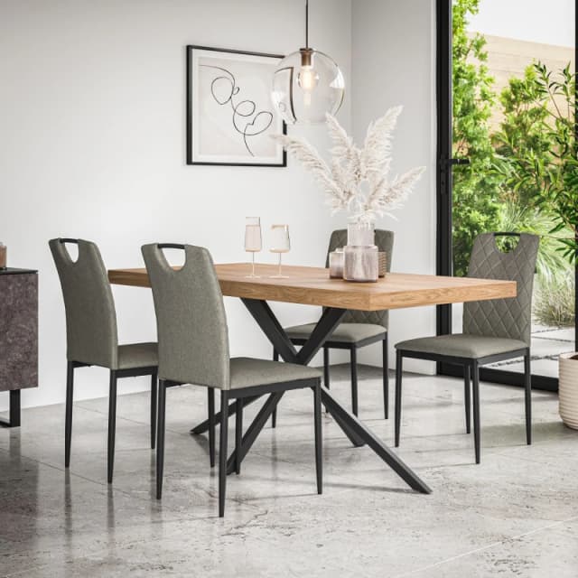 More4Homes Donni Dining Table And Chairs - Oak Effect Table Top W Black Legs + Monza Linen Dining Chair Set Of 4 (Grey)