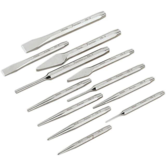 Loops 12 Piece PREMIUM Punch & Chisel Set - Hardened & Tempered - Chromed Steel Metallics