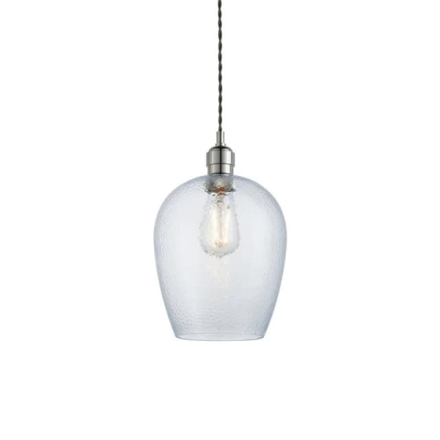 Livorno Dome Pendant Ceiling Light Bright Nickel Plate, Clear Hammered Glass