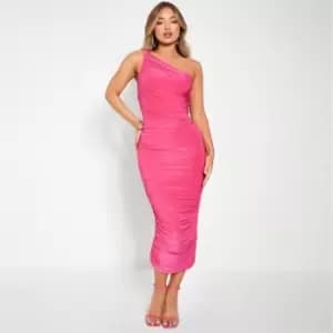 I Saw It First Pink Double Layered Slinky Ruched One Shoulder Midi Dress - Pink