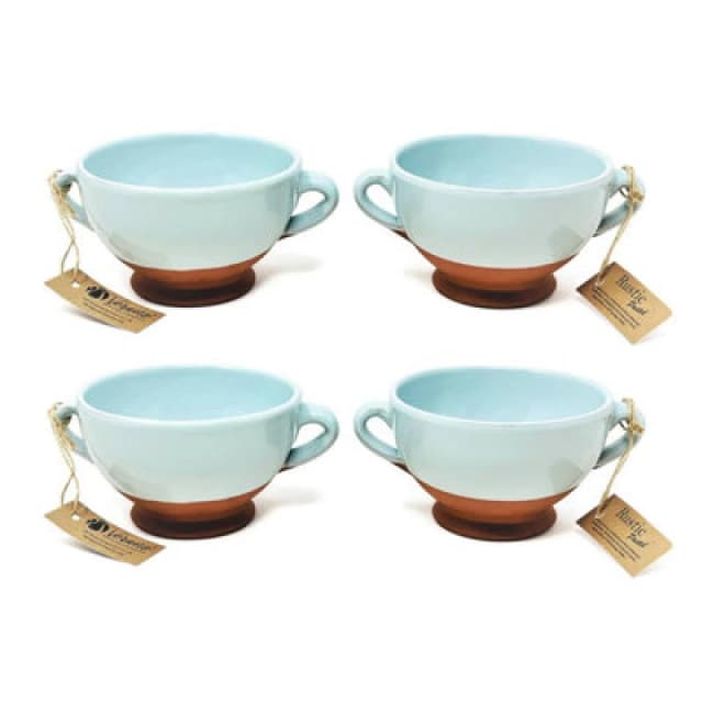 Verano Spanish Ceramics Rustic Pastel Half Dipped Terracotta Kitchen Dining Set Of 4 Soup Bowls Duck Egg Blue (Diam) 14.5Cm