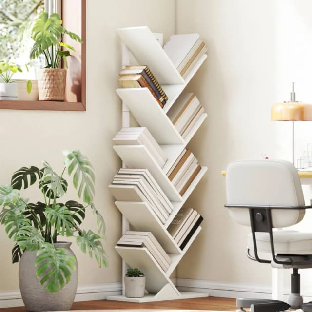 HOMCOM 9-Tier Tree Bookshelf with Steel Frame for Living Room, White White Unisex