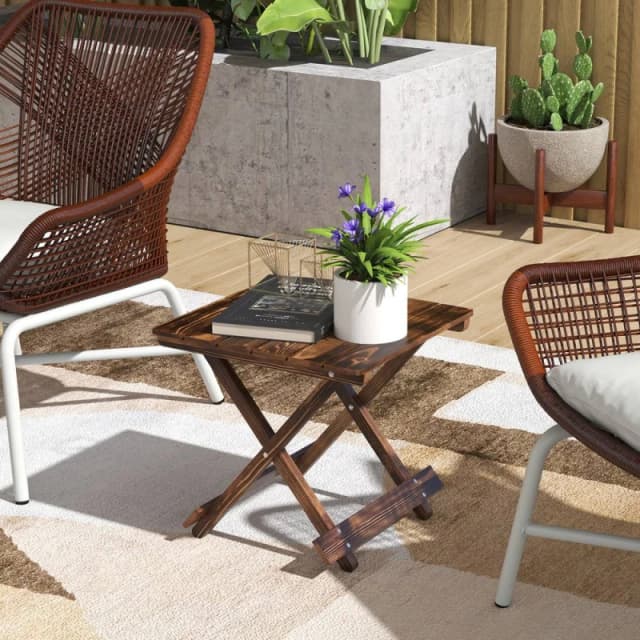 Outsunny Wooden Folding Garden Table, Folding Side Table, Carbonised Finish