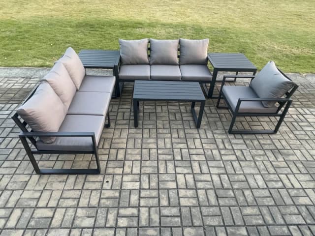 Fimous Aluminium 7 Seater Garden Furniture Outdoor Patio Sofa Set with Rectangular Coffee Table Armchair 2 Side Tables Dark Grey Dark Grey Unisex