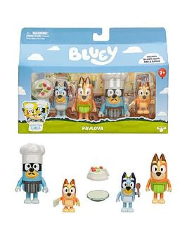 Bluey It's Time For Pavlova With This Pavlova 4 Pack Includes Bingo Bandit In His Chef Hat and Chilli and 2 Accessories Four 6-7.6cm Articulated