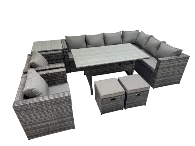 Fimous 10 Seater Patio Dining Corner Sofa Sets with 2 Chairs 2 Small Stools in Dark Grey Dark Grey Unisex