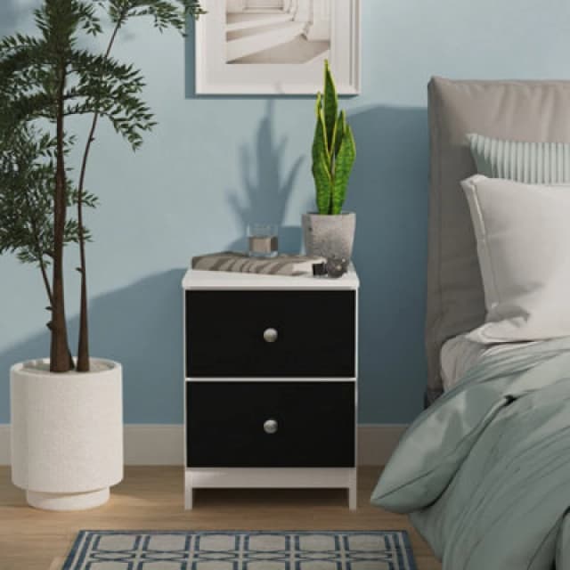 Portland 2 Drawer Compact Bedside Cabinet In Black & White Matt (Ready Assembled)