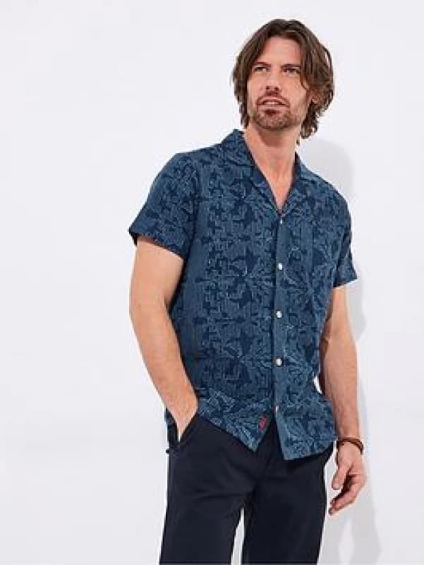 Joe Browns Joe Browns Men Embroidered Linen Blend Embroidered Revere Collar Shirt in Navy Size: Small Navy S Male 5059953251361