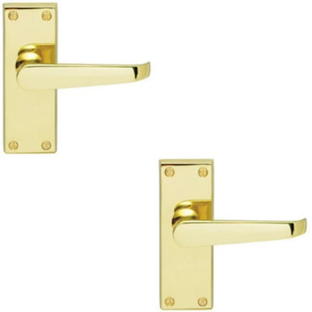 Loops 2x Straight Victorian Lever on Rectangular Latch Backplate Handle Polished Brass Metallics