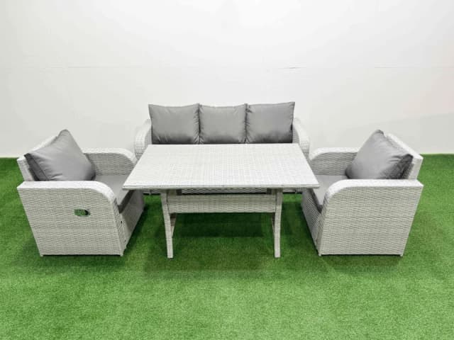 Fimous PE Rattan Garden Furniture Set Reclining Chair Sofa Lounge Sofa Set Rectangular Dining Table Light Grey Light Grey