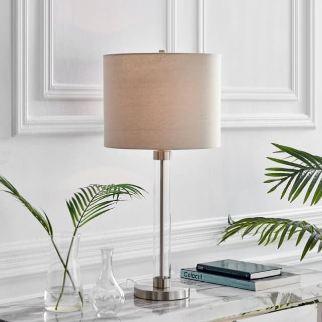 FurnitureboxUK FurnitureboxUK Esme Clear Glass & Silver Metal Table Lamp Light With Fabric Shade (Including Bulb) in Grey Grey One Size Unisex 5056542