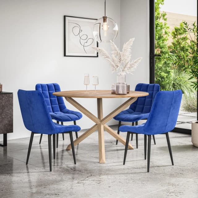 More4Homes Malvern Round Dining Table And Chairs - Oak Table Top W Solid Oak Legs + Nova Velvet Dining Chair Set Of 4 (Blue)
