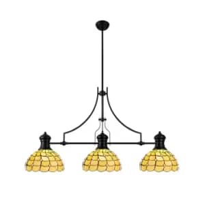 Worcester, 3 Light Linear Ceiling Pendant E27 With 30cm Tiffany Shade, Matt Black, Beige, Clear Crystal