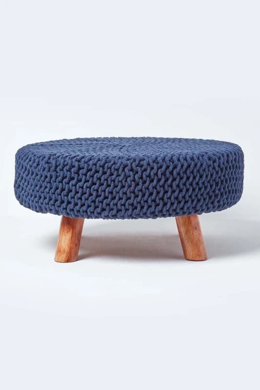 Homescapes Navy Blue Large Round Cotton Knitted Footstool On Legs