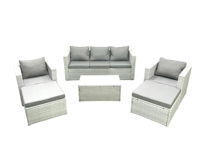 Fimous 7 Seater Rattan Garden Furniture Set with 3 Seater Sofa 2 Chair Rectangular Coffee Table 2 Big Footstools Light Grey Mixed Light Grey