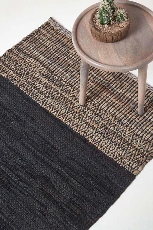 Homescapes Black Recycled Leather Handwoven Herringbone Rug, 150 X 240 Cm