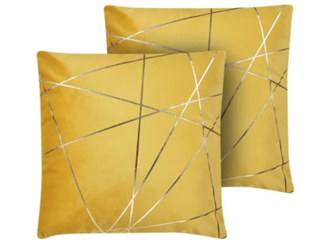 Beliani Set Of 2 Decorative Cushions Pinus Velvet 45 X 45cm Yellow Geometric Pattern