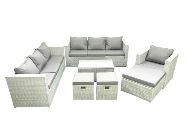 Fimous Wicker PE Rattan Sofa Garden Furniture Set with Armchair Oblong Coffee Table 3 Footstools Light Grey Mixed Light Grey