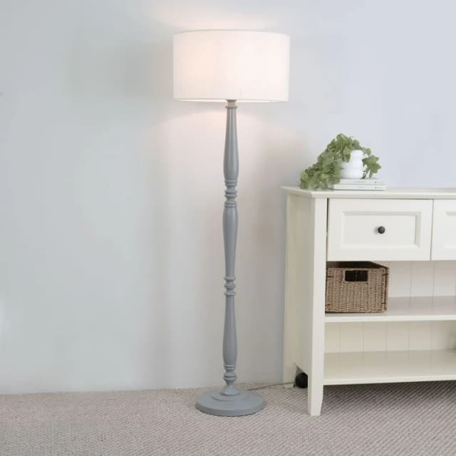 ValueLights Victoria Grey Wood Traditional Stem Floor Lamp with Fabric Drum Shade White