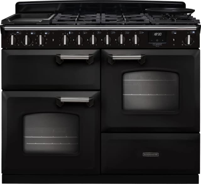 Rangemaster Classic Deluxe 110 CLDLO110DFPCBL/CM1 110cm wide Dual Fuel Range Cooker with Gas Hob - Charcoal Black / Chrome - A Rated
