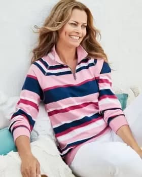 Cotton Traders Half Zip Stripe Top in Pink