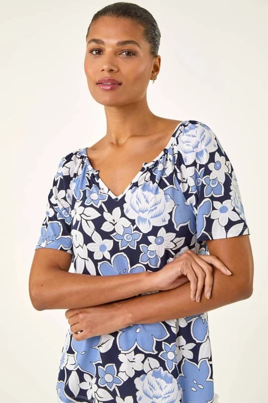 Roman Womens Floral Puff Print V-Neck Top in Blue Size: 18 Blue Female 18