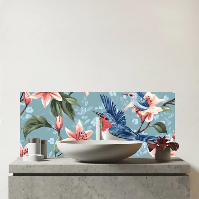 Warren Reed - Designer Birds On A Branch, Amongst The Lillies Glass Bathroom Splashback Multicolor Unisex