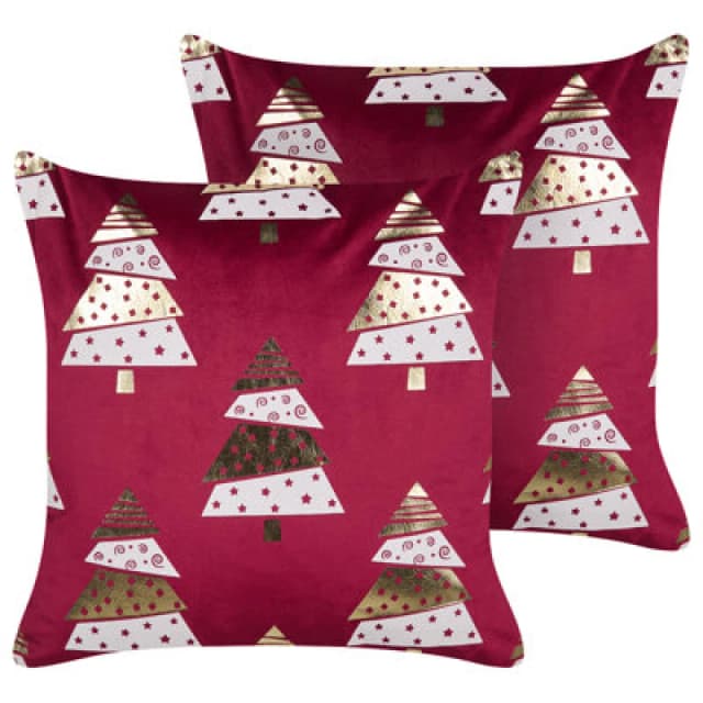 Beliani Set Of 2 Decorative Cushions Goldspruce Velvet 45 X 45cm Red Christmas Motif