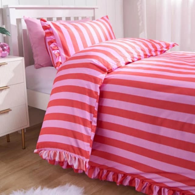 OHS OHS Frill Duvet Cover Bedding Set Pillowcase Stripe Quilt Luxury in Pink Size: Single Pink Single Unisex 5027434205509