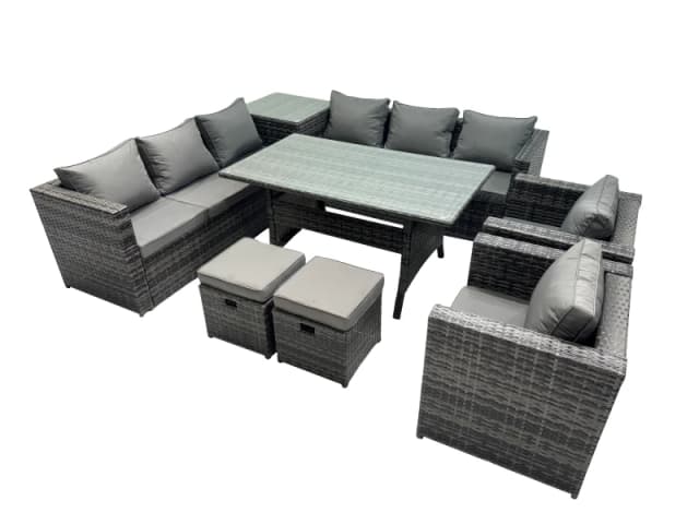 Fimous Garden Rattan Furniture Set 10 Seater with Side Table 2 Small Stool in Dark Grey Dark Grey Unisex