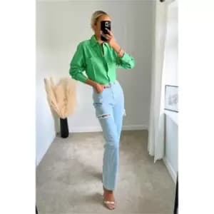 I Saw It First Light Wash Slashed Thigh Boyfriend Jean - Blue