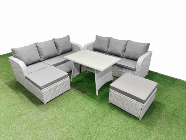 Fimous Rattan High Back Lounge Sofa Set with 3 Seater Sofa 2 Big Stool in Light Grey Light Grey Unisex