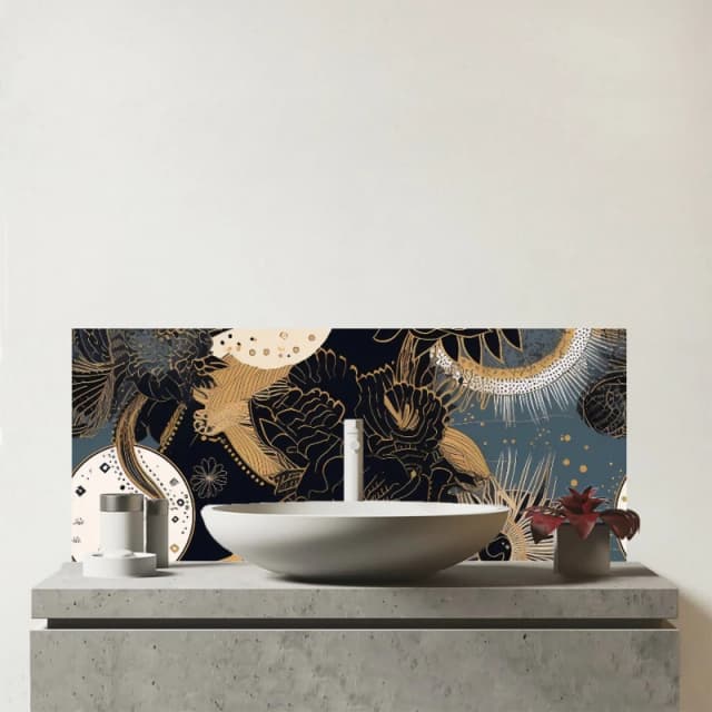 Warren Reed - Designer Abstract Blue Gold Moon Sun Glass Bathroom Splashback in Yellow Yellow Unisex