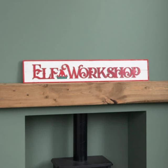 Samuel Alexander 92Cm Wooden White Washed Christmas Elf Workshop Sign With Red Letters
