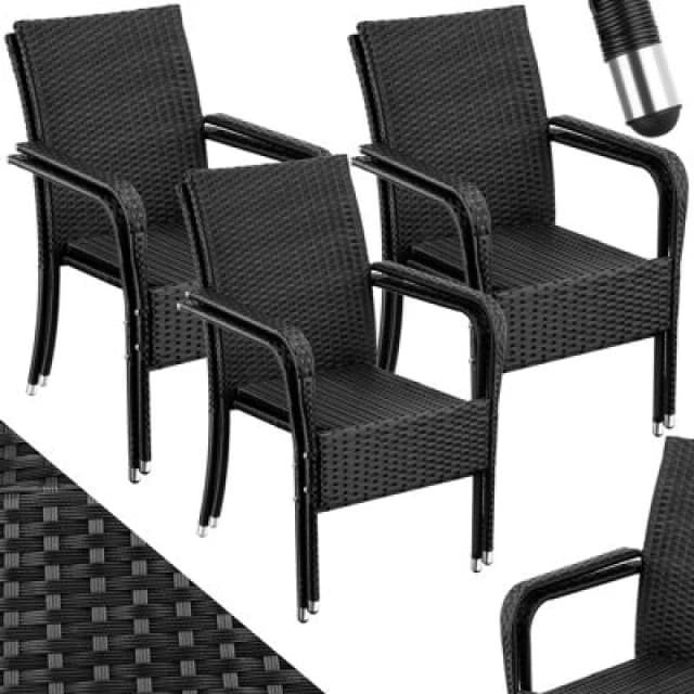 Tectake Rattan Garden Chair Girona - Polyrattan & Steel, Weather & Sun Resistant, Stackable - Black - Set Of 6