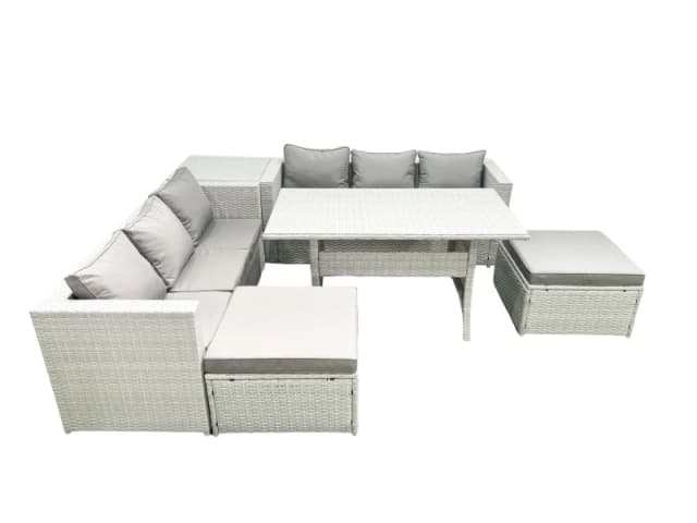 Fimous Rattan Garden Furniture Set 8 Seater Outdoor Sofa Set with Dining Table Side Table 2 Big Footstools Light Grey Mixed Light Grey