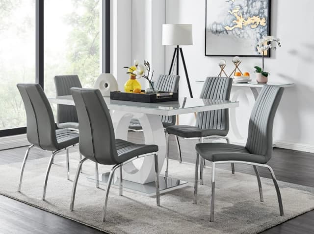 FurnitureboxUK FurnitureboxUK Giovani 6-Seater Grey Glass Dining Table and 6 Isco Faux Leather Dining Chairs Grey One Size Unisex 5056542650604