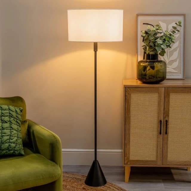 ValueLights ValueLights Mitch Fabric Drum Shade Black Wood Single Stem Triangle Floor Lamp in Grey Grey One Size Unisex 5059406064593