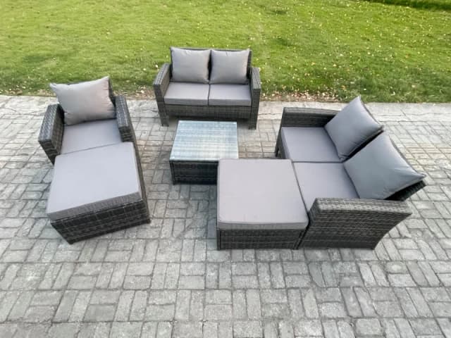 Fimous 7 Seater Rattan Outdoor Garden Furniture Sofa Set Table & Chairs with 2 Big Footstool Dark Grey Mixed Dark Grey Unisex