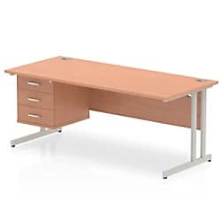 Dynamic Rectangular Office Desk Beech MFC Cantilever Leg Silver Frame Impulse 1 x 3 Drawer Fixed Ped 1800 x 800 x 730mm