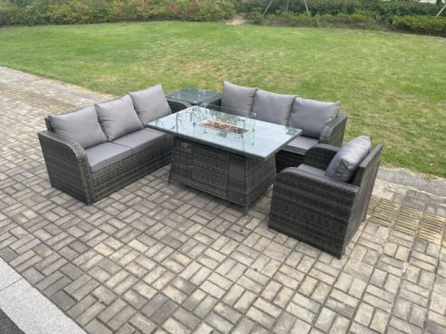 Fimous Rattan Outdoor Furniture Gas Fire Pit Dining Table Gas Heater Reclining Chair 3 Seater Sofa Sets with Side Table 7 Seater Dark Grey