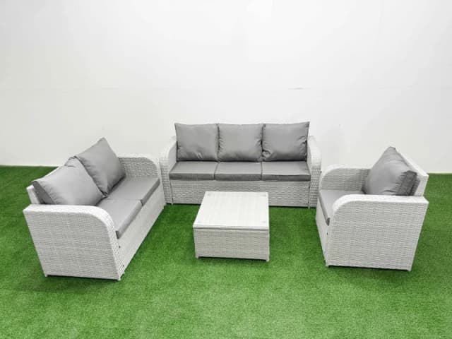 Fimous Patio PE Wicker 6 Seater Outdoor Rattan Furniture Sofa Sets with Square Coffee Table Reclining Chair Loveseat Sofa 3 Seater Sofa Light Grey Lig