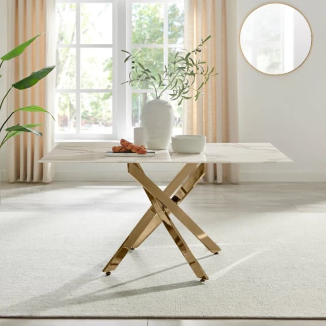 FurnitureboxUK FurnitureboxUK Leonardo 6-Seater Dining Table With Marble Effect Glass Top And Gold Metal Legs in White White One Size Unisex 505654269