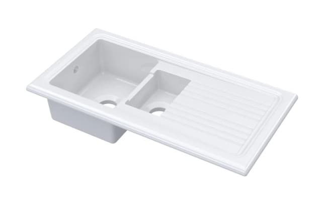 Balterley Fireclay Kitchen DropIn Sink 1.5 Bowls Drainer White 1010x 525mm White