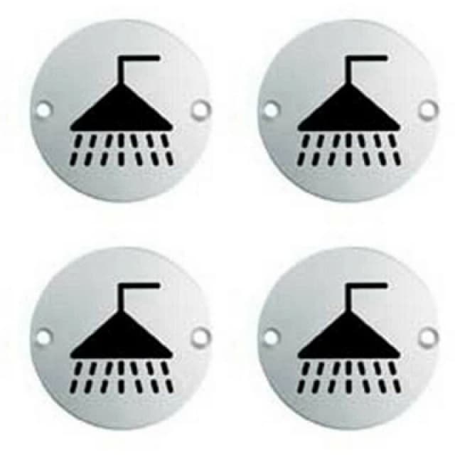 Loops 4x Bathroom Door Shower Symbol Sign 64mm Fixing Centres 76mm Dia Satin Steel Metallics