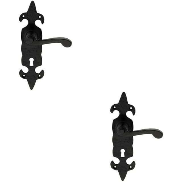 Loops 2x PAIR Forged Scroll Lever Handle on Lock Backplate 206 x 57mm Black Antique Black